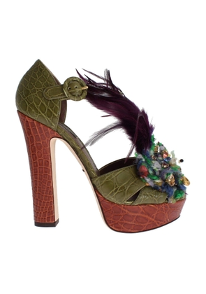 Dolce & Gabbana Green Leather Crystal Platform Sandal Shoes - EU35/US4.5