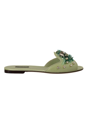 Dolce & Gabbana Green Leather Crystals Slides Women Flats Shoes - EU39/US8.5