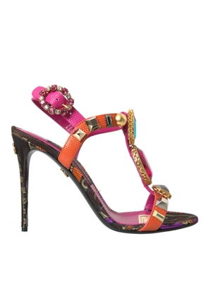 Dolce & Gabbana Pink Jacquard Crystals Sandals Heels Shoes - EU38/US7.5