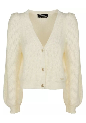 Imperfect  Elegant White V-Neck Cardigan With Golden Buttons - S