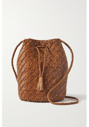 Dragon Diffusion - Pompom Double Jump Woven Leather Bucket Bag - Brown - One size