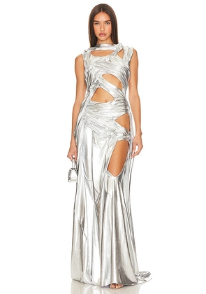 Di Petsa Melted Cut-out Drapery Dress in Metallic Silver. Size S.