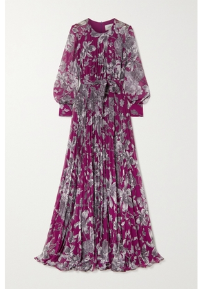 Erdem - Lindsay Belted Pleated Floral-print Voile Gown - Purple - UK 4,UK 6,UK 8,UK 10,UK 12,UK 14,UK 16,UK 18,UK 20