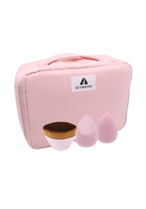 SEYMAYKA Large Pink Makeup Bag Set - Pink Kabuki Brush & Makeup Sponge - OS