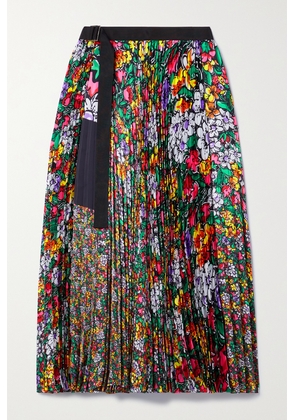 Sacai - Belted Floral-print Plissé-satin Midi Wrap Skirt - Green - 1,2,3,4
