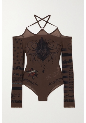 Jean Paul Gaultier - + Knwls Cold-shoulder Printed Stretch-jersey Bodysuit - Brown - xx small,x small,small,medium,large,x large,xx large
