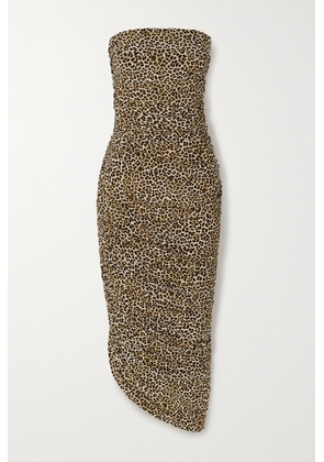 Norma Kamali - Diana Strapless Ruched Asymmetric Leopard-print Stretch-jersey Midi Dress - Animal print - xx small,x small,small,medium,large,x large