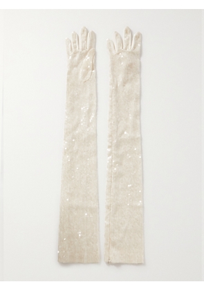 Safiyaa - Sequined Satin Gloves - White - FR34,FR36,FR38,FR40,FR42