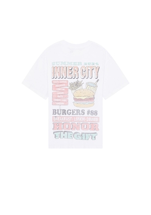 Honor The Gift Burgers Short Sleeve Tee in White. Size M, S, XL.