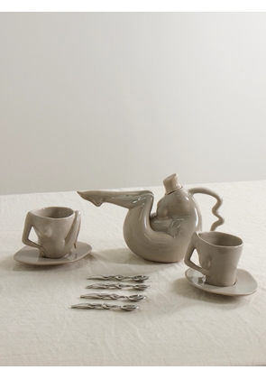 Anissa Kermiche - Set Of Ceramic Teapot, Teacups, Saucers And Stainless Steel Teaspoons - Neutrals - One size