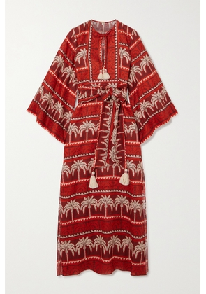 Johanna Ortiz - + Net Sustain Wild Savannah Belted Tasseled Printed Linen Dress - Red - US0,US2,US4,US6,US8,US10