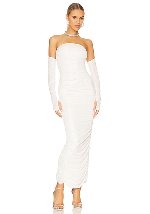 MORE TO COME Maddy Ruched Gown in White. Size S, XL, XS.
