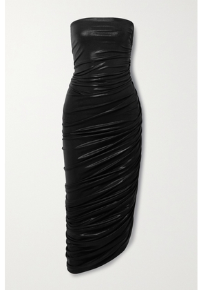 Norma Kamali - Diana Strapless Ruched Asymmetric Metallic Stretch-jersey Midi Dress - Black - xx small,x small,small,medium,large,x large