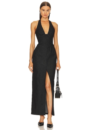 Rozie Corsets Denim Midi Dress in Black. Size 38/M, 40/L, 42/XL.