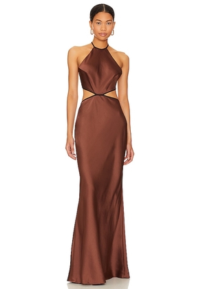 MISHA Edem Backless Maxi Dress in Chocolate. Size M, S, XL, XXL.