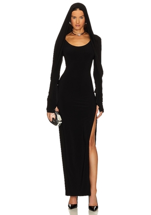 Norma Kamali Hooded Open Back Long Sleeve Side Slit Gown in Black. Size S.