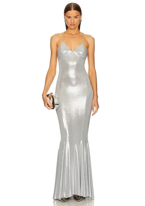 Norma Kamali Low Back Slip Fishtail Gown in Metallic Silver. Size M, S, XL.