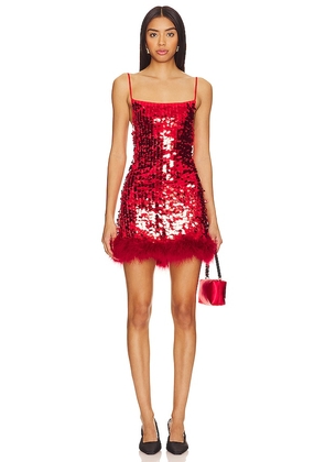 OW Collection Luna Sequin Feather Dress in Red. Size S.