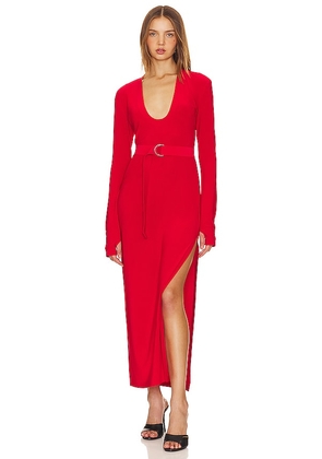 Norma Kamali Long Sleeve Deep U Neck Side Slit Gown in Red. Size XS.