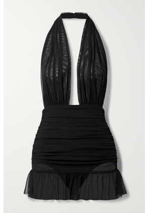 Norma Kamali - Mio Ruched Stretch-mesh Halterneck Mini Dress - Black - xx small,x small,small,medium,large,x large