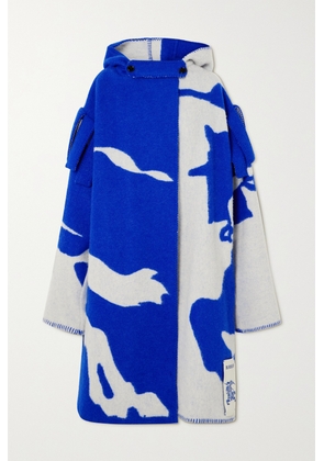 Burberry - Oversized Hooded Appliquéd Wool-jacquard Coat - Blue - small,medium,large