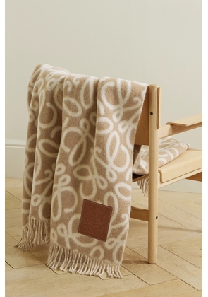Loewe - Fringed Leather-trimmed Alpaca-blend Jacquard Blanket - Neutrals - One size