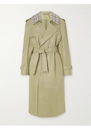 Burberry - Belted Checked Jacquard-trimmed Leather Trench Coat - Cream - UK 0,UK 6,UK 10