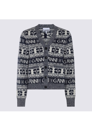 Ganni Navy Blue And White Wool Blend Cardigan