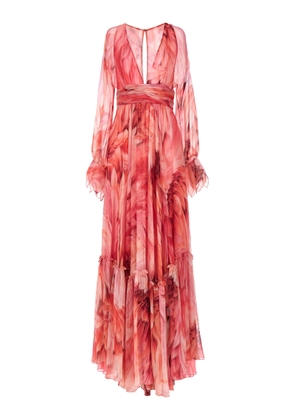 Roberto Cavalli Long Dress With Pink Plumage Print
