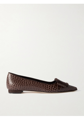 Manolo Blahnik - Maysale 10 Buckled Suede-trimmed Croc-effect Leather Point-toe Flats - Brown - IT35,IT36,IT36.5,IT37,IT37.5,IT38,IT38.5,IT39,IT39.5,IT40,IT40.5,IT41,IT41.5,IT42,IT43