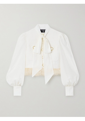 Balmain - Pussy-bow Feather-trimmed Silk And Metallic Cotton-blend Tweed Jacket - White - FR34,FR36,FR38,FR40,FR42,FR44,FR46