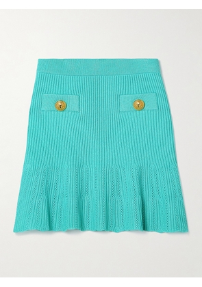 Balmain - Button-embellished Ribbed Pointelle-knit Mini Skirt - Blue - FR34,FR36,FR38,FR40,FR42,FR44