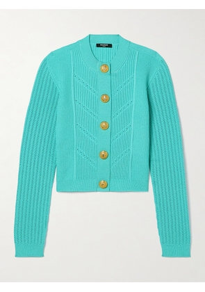 Balmain - Button-embellished Ribbed Pointelle-knit Cardigan - Blue - FR34,FR36,FR38,FR40,FR42,FR44
