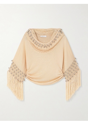 Rabanne - Hooded Fringed Bead-embellished Crochet And Knit Sweater - Neutrals - small,medium,large,x large
