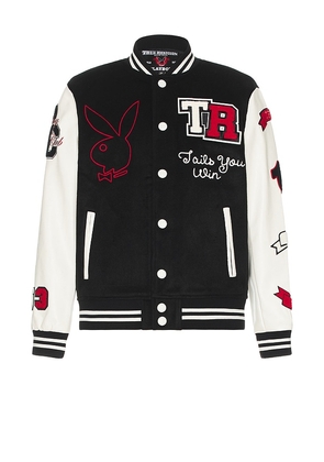 True Religion x Playboy Good Bunny Varsity Jacket in Black,White. Size M, S, XL/1X.