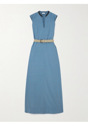 Brunello Cucinelli - Belted Embellished Cotton-poplin Maxi Dress - Blue - x small,small,medium,large