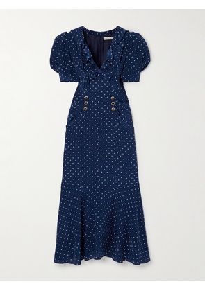 Alessandra Rich - Ruched Button And Bow-embellished Polka-dot Silk Midi Dress - Blue - IT36,IT38,IT40,IT42,IT44,IT46