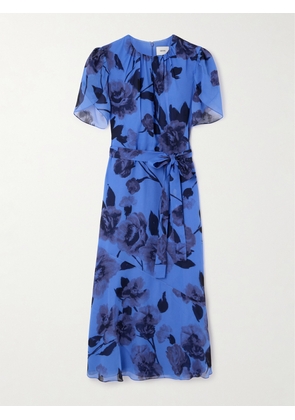 Erdem - Belted Gathered Floral-print Silk-voile Midi Dress - Blue - UK 6,UK 8,UK 10,UK 12,UK 14,UK 16,UK 18,UK 20