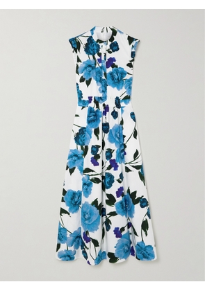 Erdem - Ruffled Shirred Floral-print Cotton-poplin Midi Dress - Blue - UK 4,UK 6,UK 8,UK 10,UK 12,UK 14,UK 16,UK 18,UK 20