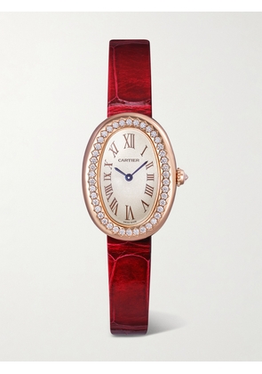 Cartier - Baignoire 23.9mm Small 18-karat Rose Gold, Alligator And Diamond Watch - White - One size