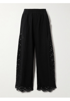 Sea - Edith Broderie Anglaise-trimmed Cotton And Linen-blend Wide-leg Pants - Black - xx small,x small,small,medium,large,x large