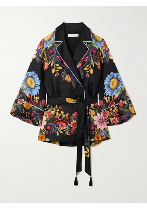 Borgo de Nor - Una Piped Belted Floral-print Silk-twill Blazer - Black - UK 6,UK 8,UK 10,UK 12,UK 14