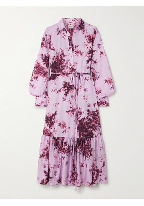 Erdem - Belted Tiered Floral-print Cotton Midi Dress - Pink - UK 4,UK 6,UK 8,UK 10,UK 12,UK 14,UK 16,UK 18,UK 20