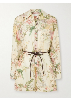 Zimmermann - Waverly Belted Leather-trimmed Floral-print Silk Playsuit - Cream - 00,0,1,2,3,4