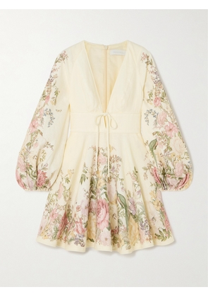 Zimmermann - Waverly Plunge Tie-detailed Floral-print Linen Mini Dress - Cream - 00,0,1,2,3,4