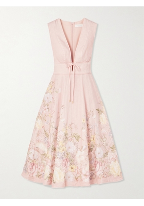Zimmermann - Waverly Pleated Floral-print Linen Midi Dress - Pink - 00,0,1,2,3,4