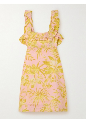 Zimmermann - Golden Bow-detailed Open-back Ruffled Floral-print Linen Mini Dress - Pink - 00,0,1,2,3,4