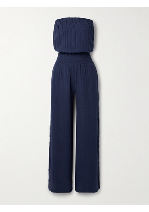 Melissa Odabash - Naomi Strapless Shirred Cotton-crepon Jumpsuit - Blue - x small,small,medium,large