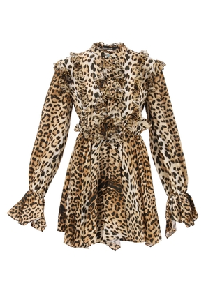 Roberto Cavalli Leopard Mini Dress With Ruffles And Asymmetrical Hemline
