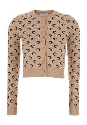 Marine Serre Beige Crop Cardigan With All-Over Crescent Moon Jacquard In Wool Woman